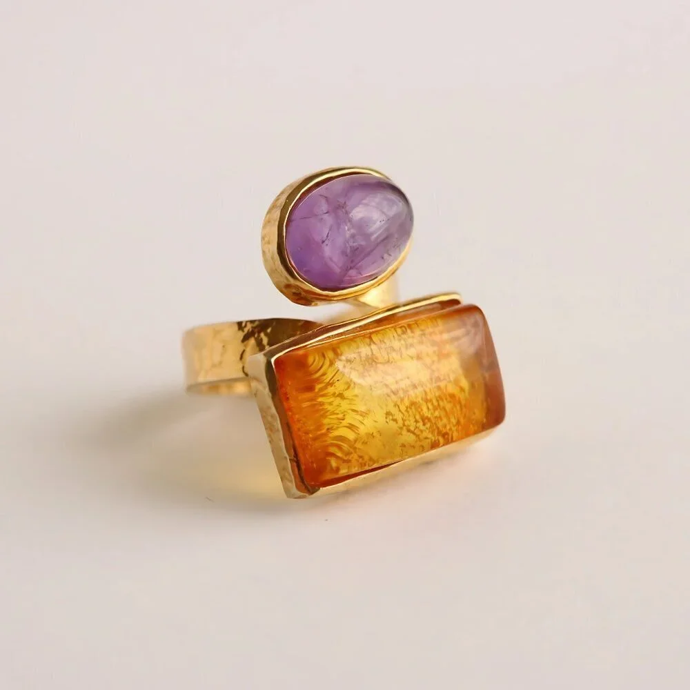 Baltic Amber And Amethyst Gold Ring- 14k Gold Plated s925